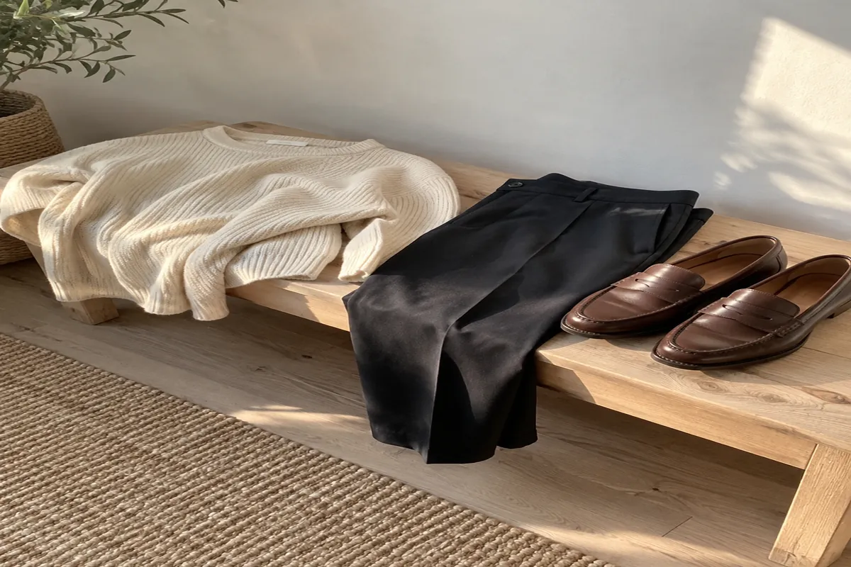 A knit top, straight trousers and loafers laid out on a pale wooden bench in soft morning light