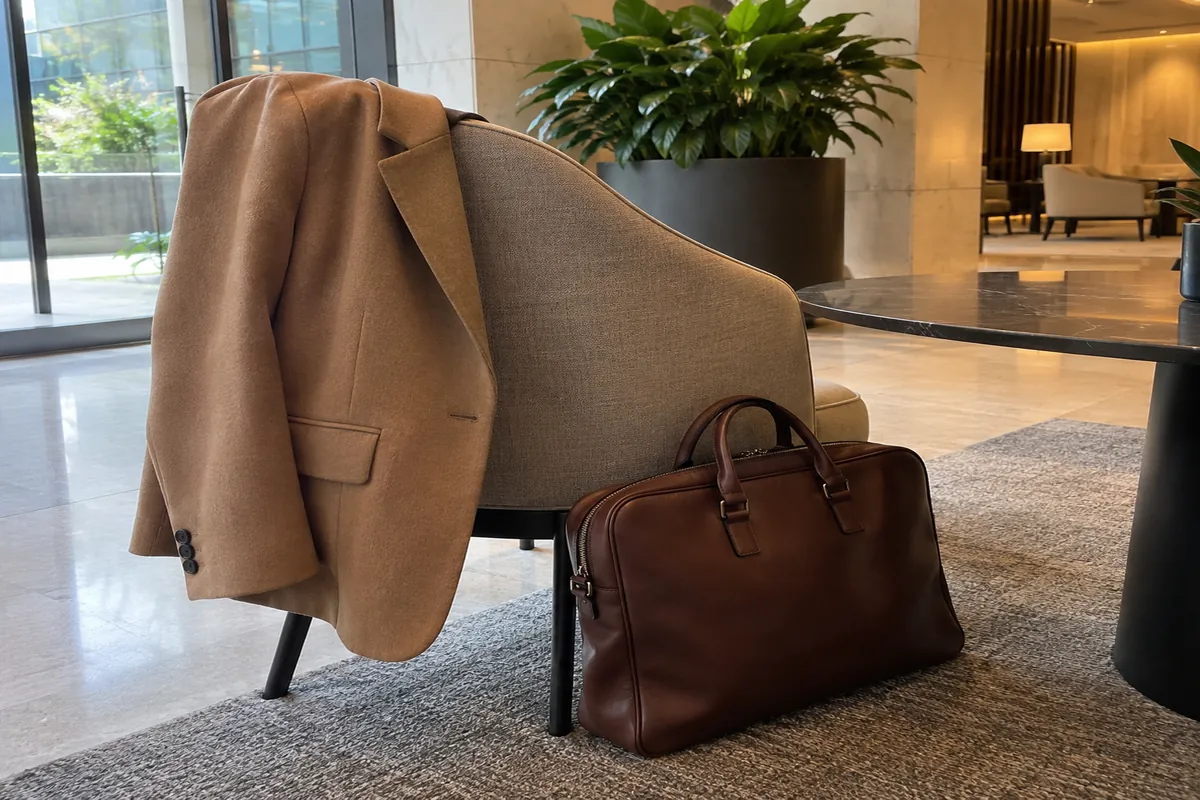 A camel blazer hung over a chair next to a laptop bag in a quiet corporate lobby