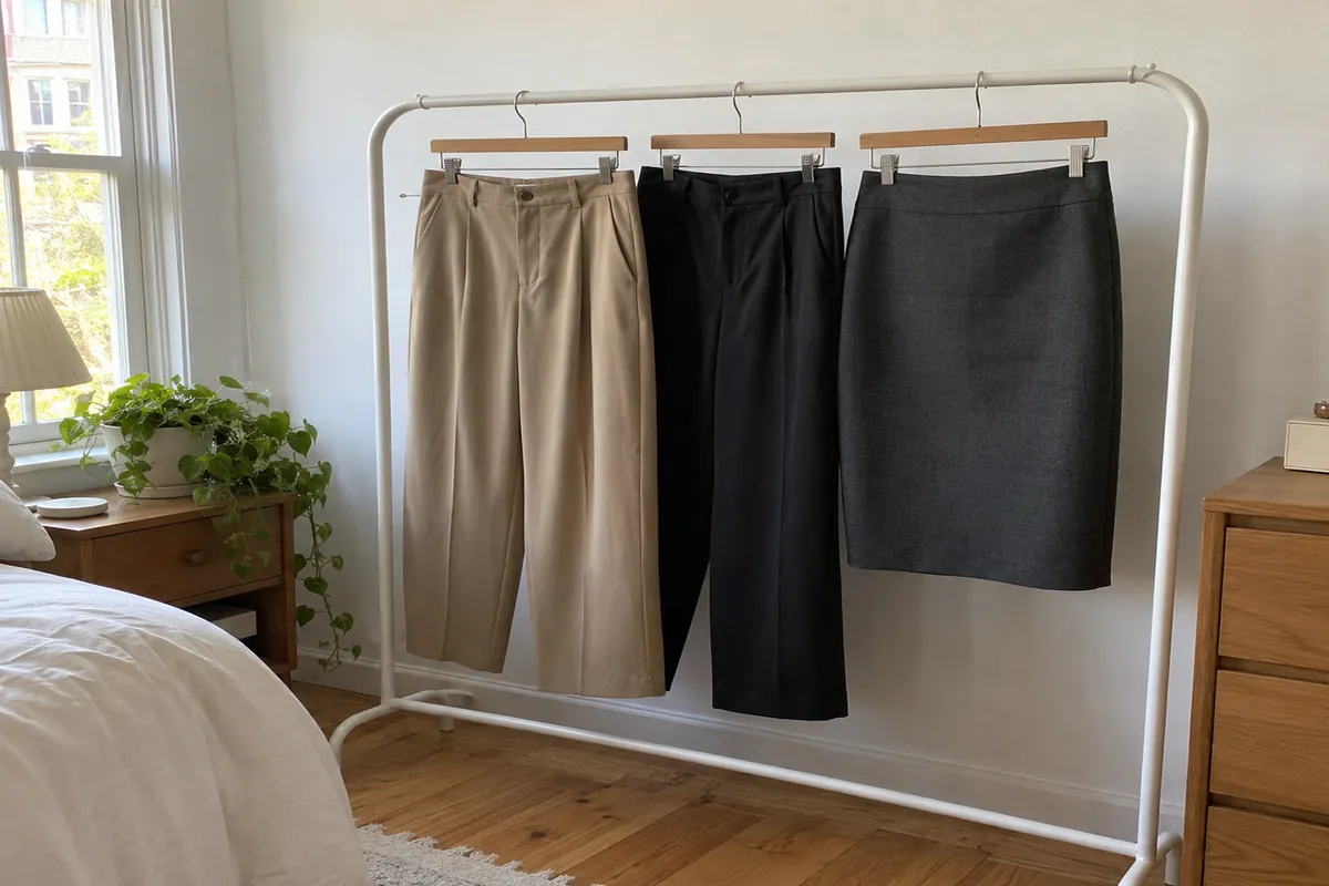 Two pairs of trousers and a pencil skirt hanging on a garment rail in a bright bedroom