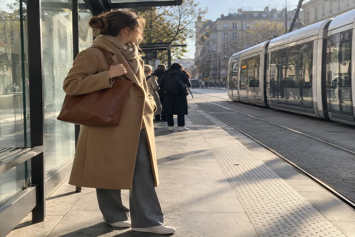 A woman in a camel coat and grey trousers pauses at a tram stop, holding a leather tote