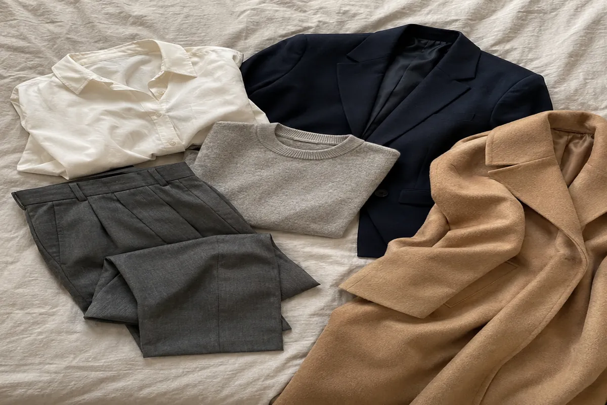 A flat lay of a neutral work capsule: a cream shirt, grey trousers, a navy blazer, a knit and a camel coat