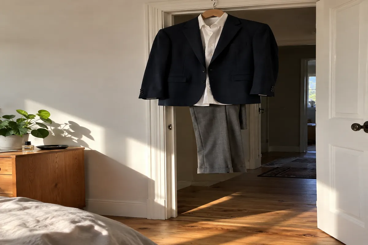 A navy blazer, white shirt and tailored trousers hanging on a door frame in soft morning light