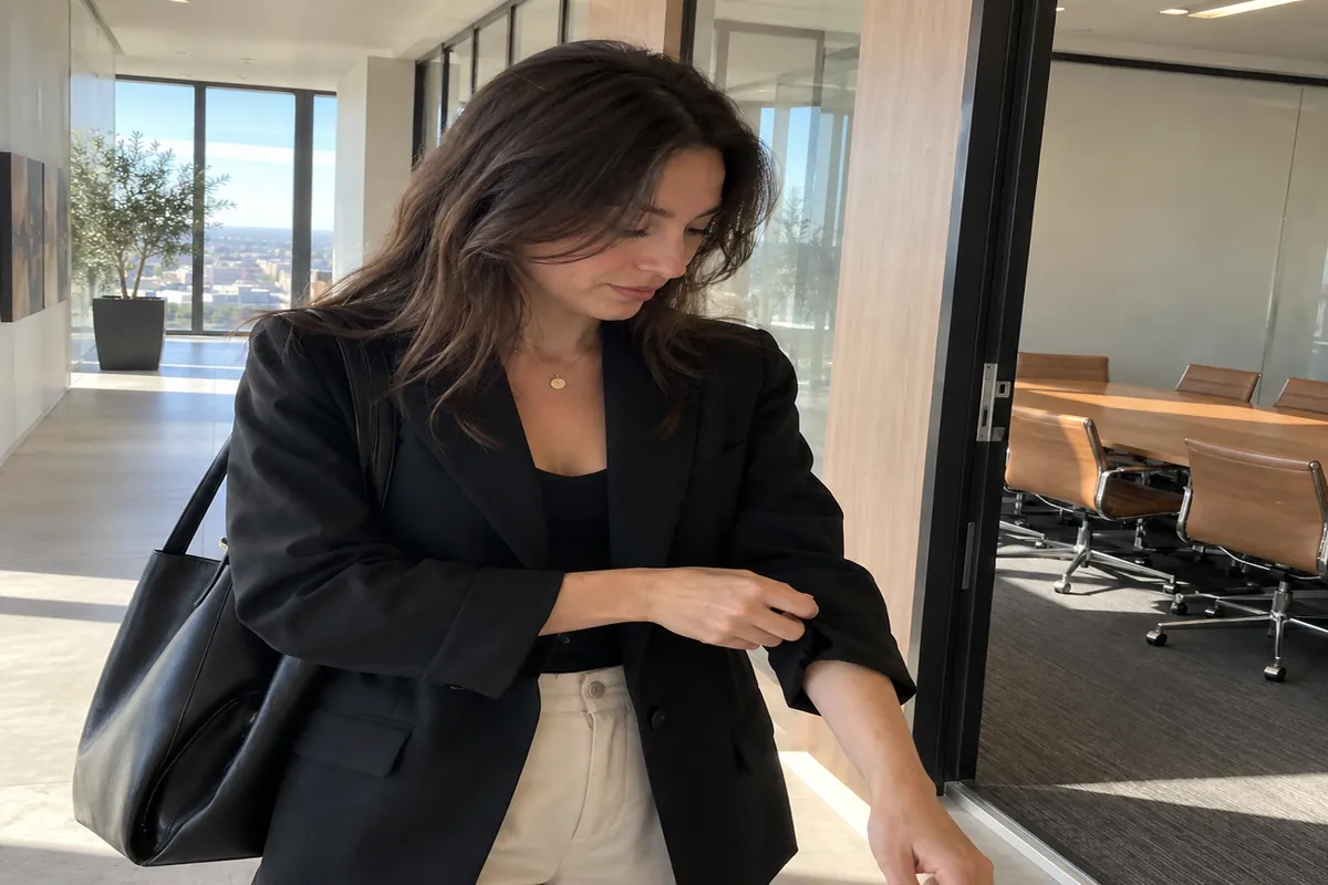A woman smoothing the cuff of her blazer in a bright hallway before walking into an interview