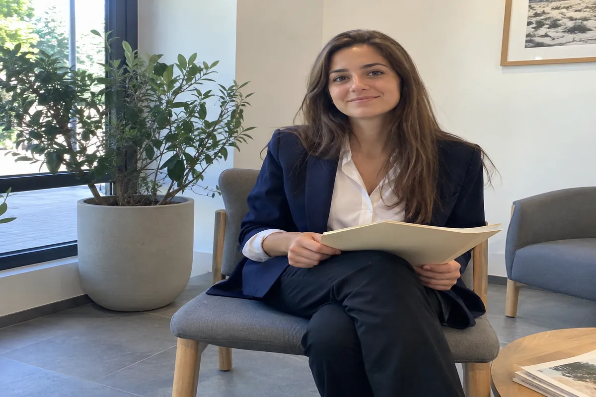 A woman in a navy blazer and white shirt sits calmly in a waiting room with a folder on her knees