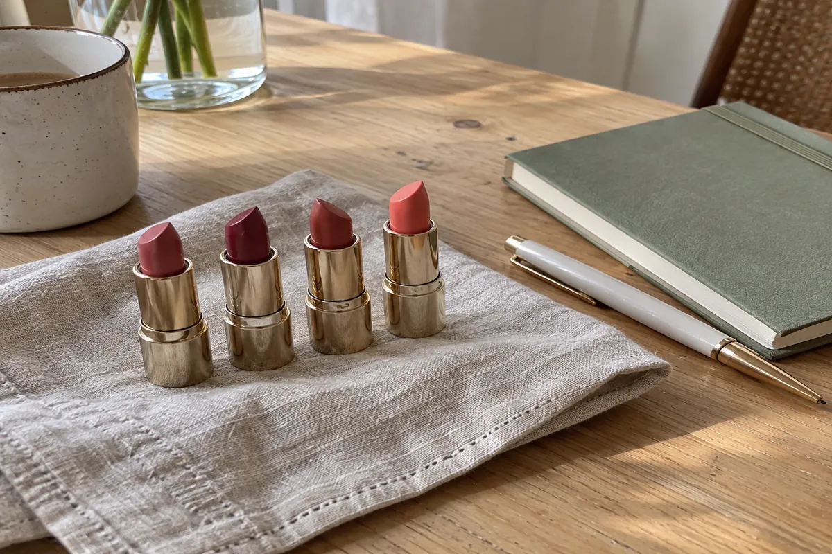 Four lipstick tubes lined up on a folded linen napkin beside a notebook and pen, in soft daylight