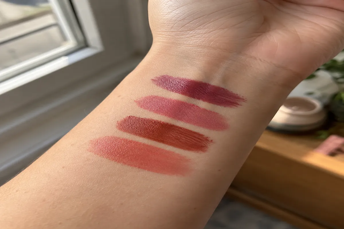 Lipstick swatches in berry, rose, brick and coral dabbed on the inner wrist of a woman with light warm skin
