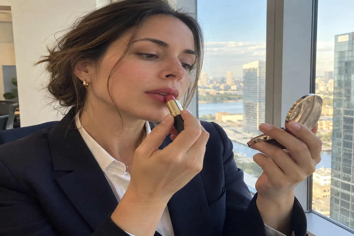 A woman in a tailored blazer checks a sheer rose lipstick in a compact mirror at a bright office window
