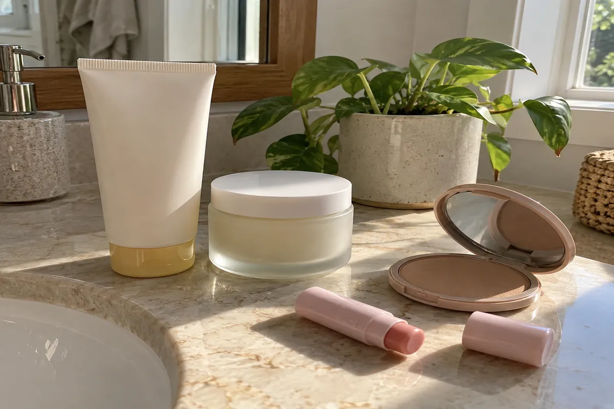 A tidy bathroom counter with a tube of sunscreen, a moisturizer jar, a compact powder and a lip balm