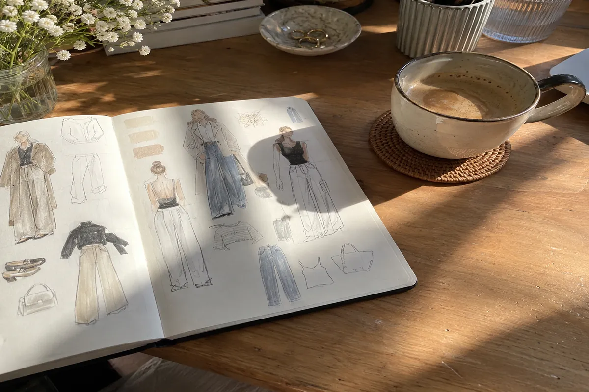 A notebook open to a page of outfit sketches next to a cup of coffee on a wooden desk