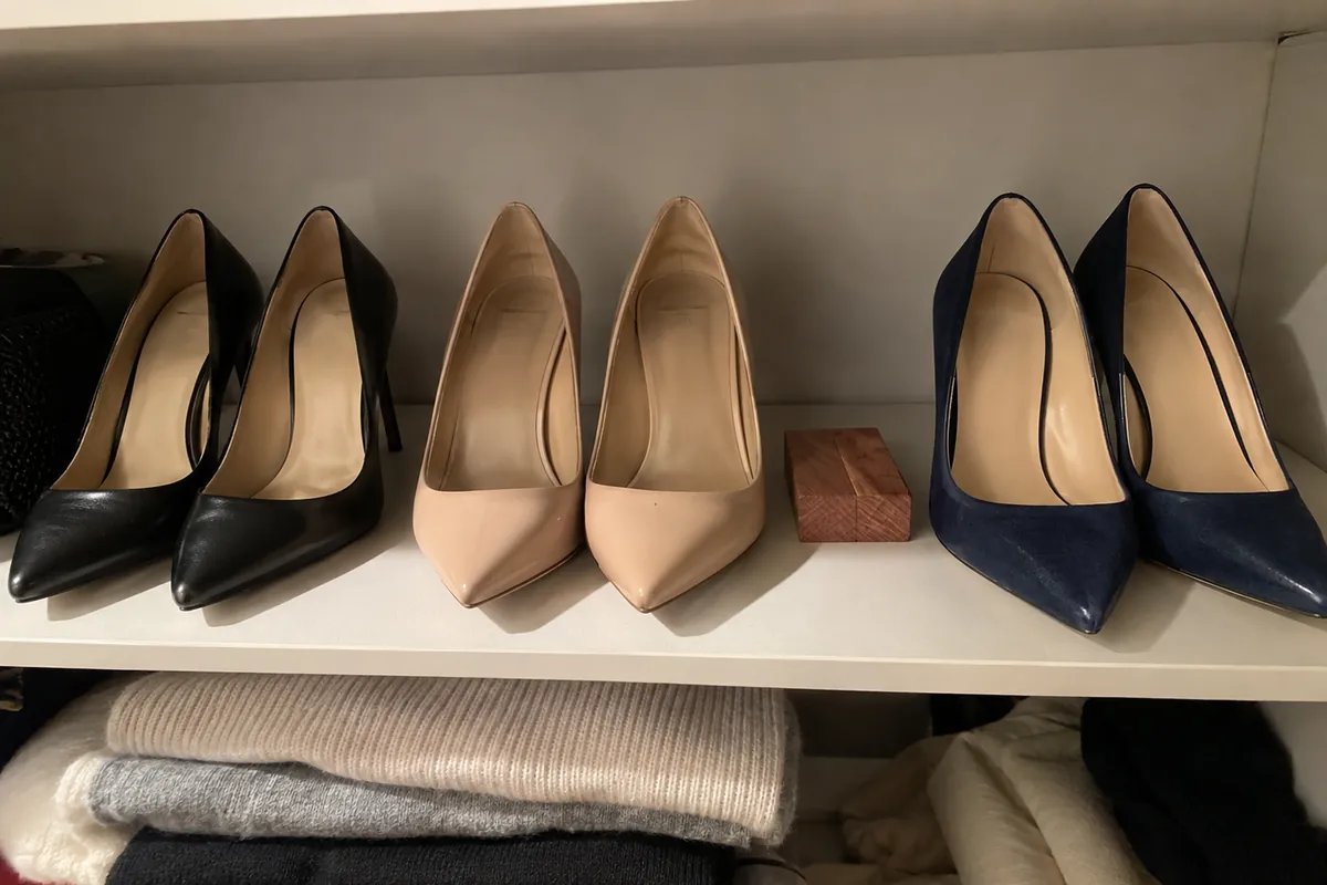 Three pairs of heels lined up in a closet with a small cedar block between them