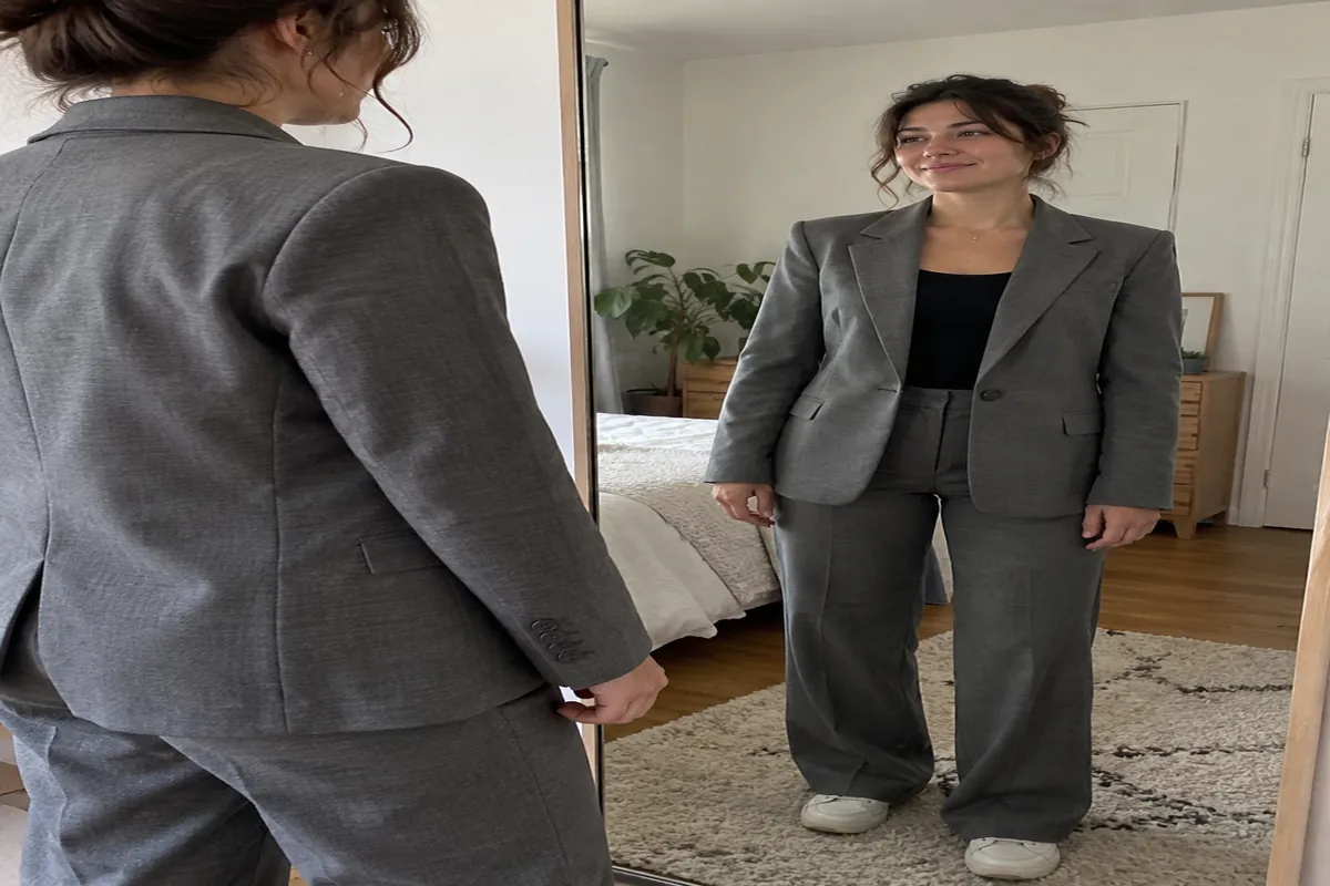 A woman in a grey suit standing in a mirror with her arms relaxed, showing the sleeve length