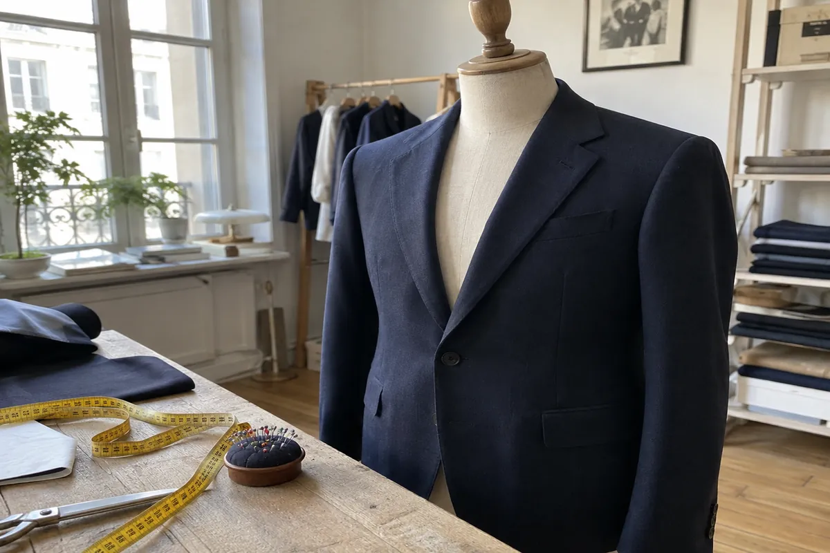 A navy wool suit jacket on a tailor's dummy beside a measuring tape and a pin cushion, in a bright atelier